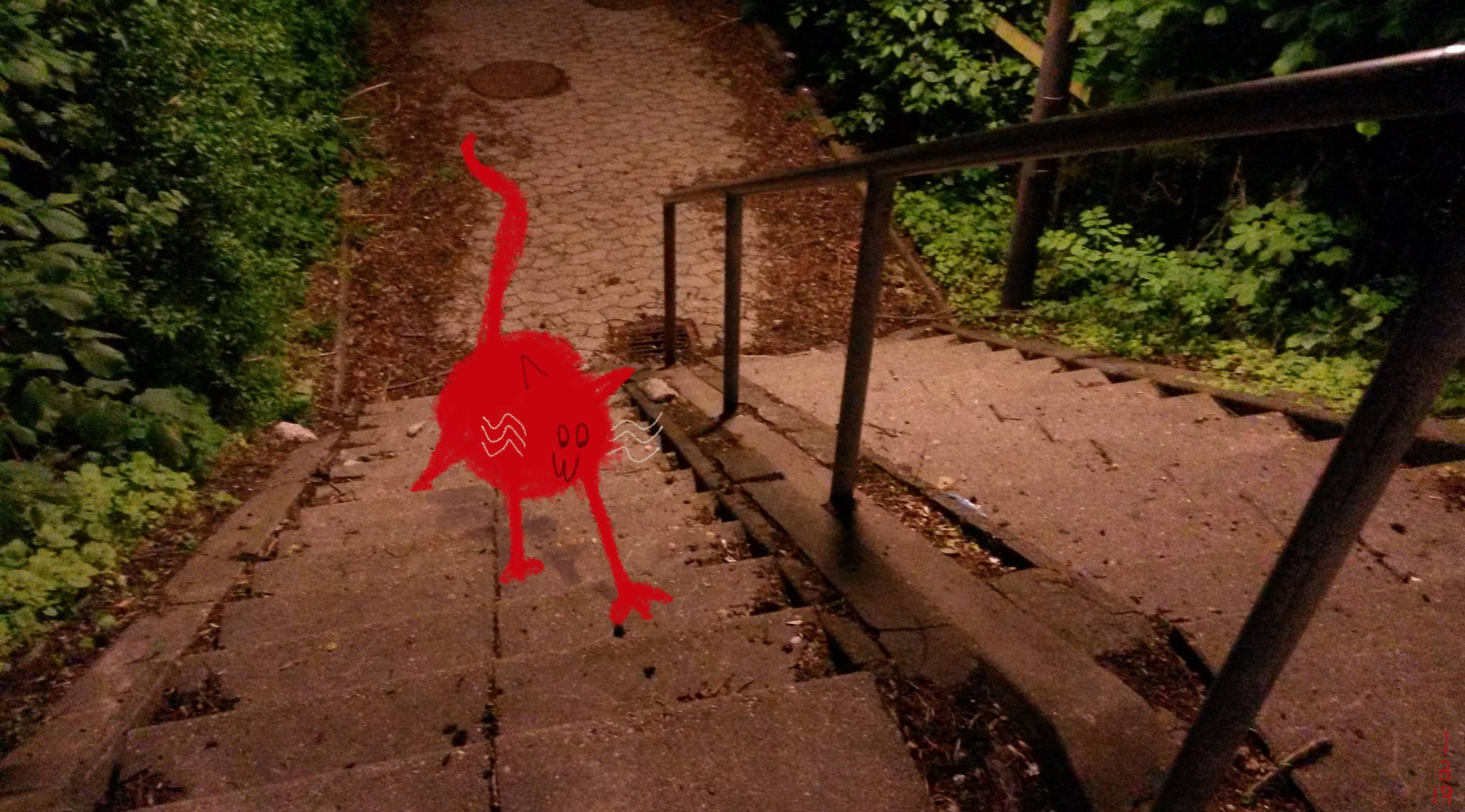 A simple red cat painted over a photo of some dark stone stairs surrounded by greenery and lit by a street lamp.